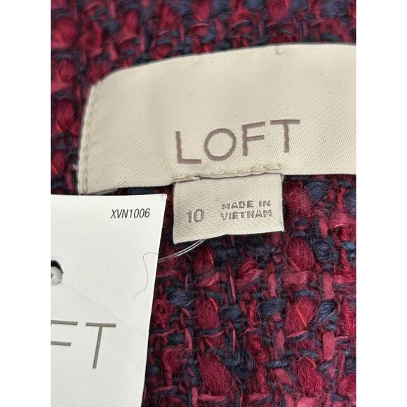 LOFT Blazer Womens Size 10 Burgundy Blue Wool Tweed Collarless Full Zip Jacket - Picture 7 of 12